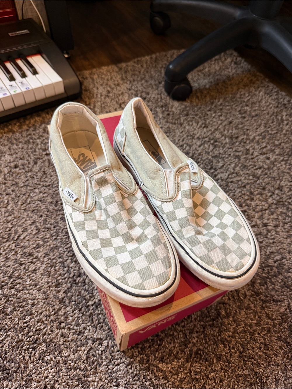 Vans Slip-On Checkerboard Sneakers - Sage Green & White